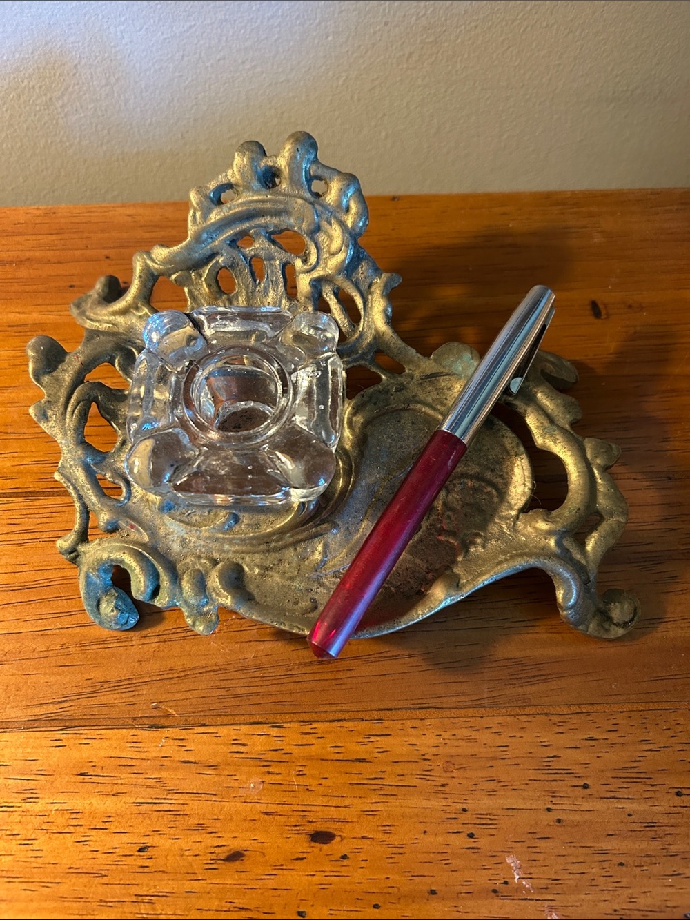 Ornate Brass Inkwell & Sheaffer’s Pen